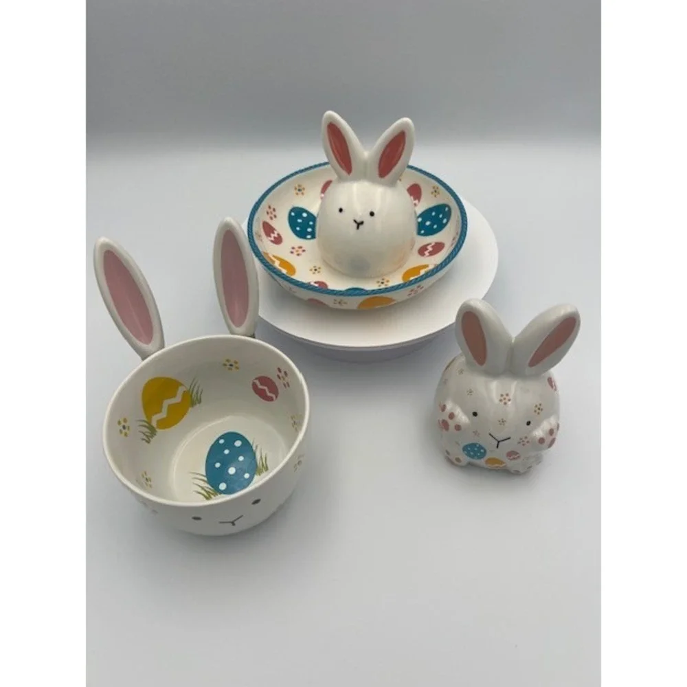 Temptations Ceramic Easter Bunny Serving Set Bowl Dish Spreader Figurine White